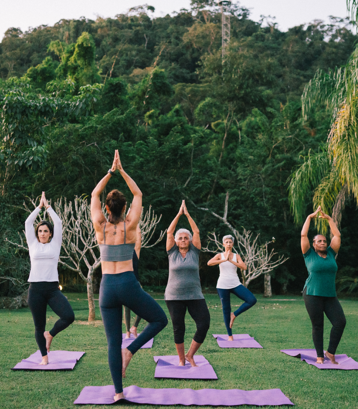 A group practicing yoga outdoors on mats with greenery in the background.