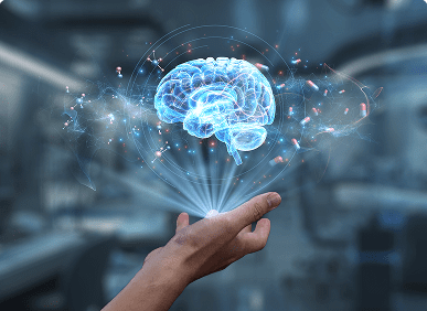 Holographic brain floating above hand